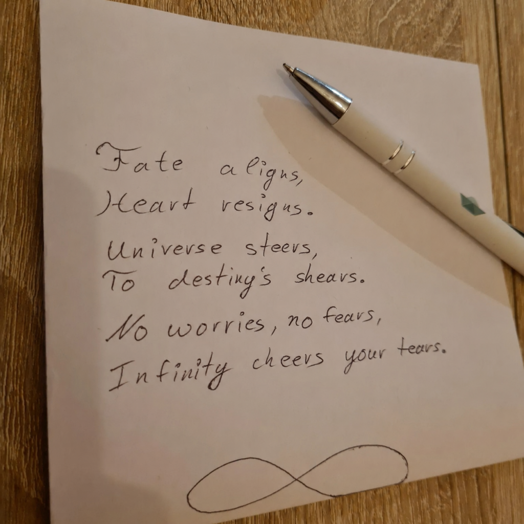 A handwritten poem by Diana S. Engelhard beside a pen on a wooden table.