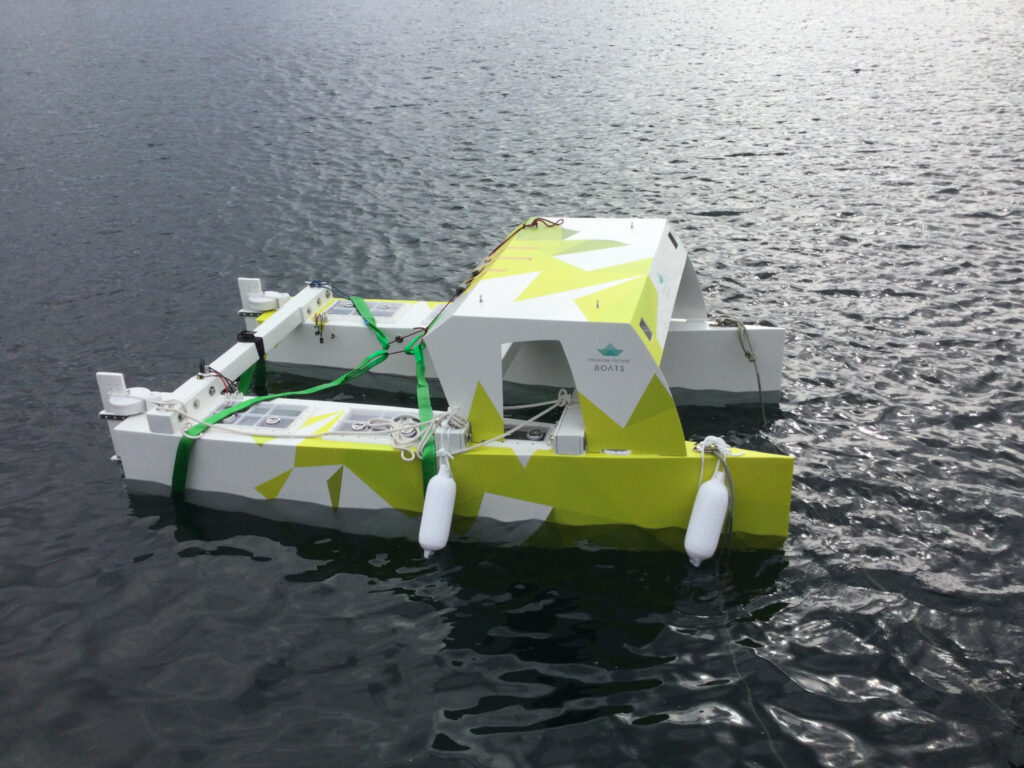 ZeroOne autonomous twin-hull vessel floating on the water in 2021.
