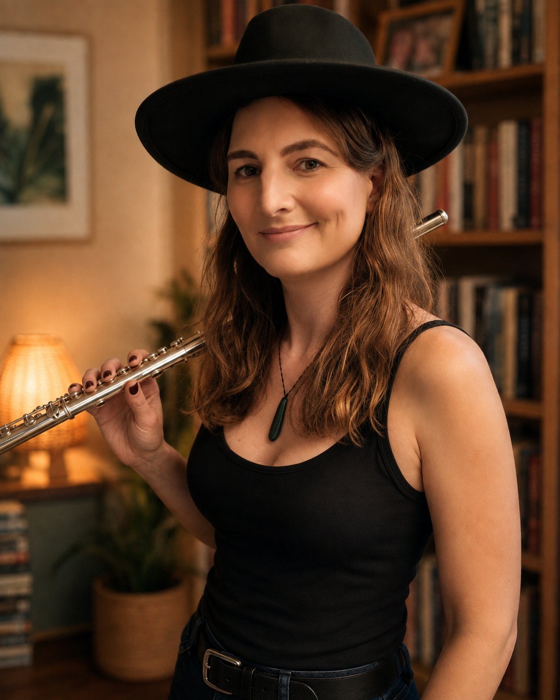 Diana S. Engelhard holding a silver concert flute while wearing a black hat.